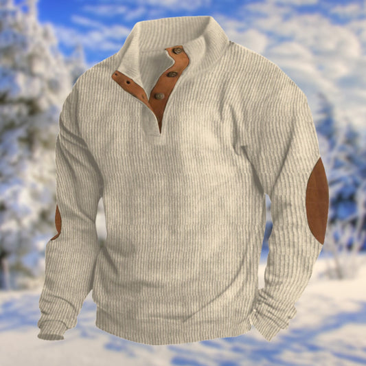 Herenpullover, Geribde Trui voor Heren met Knoopsluiting en Elleboogstukken