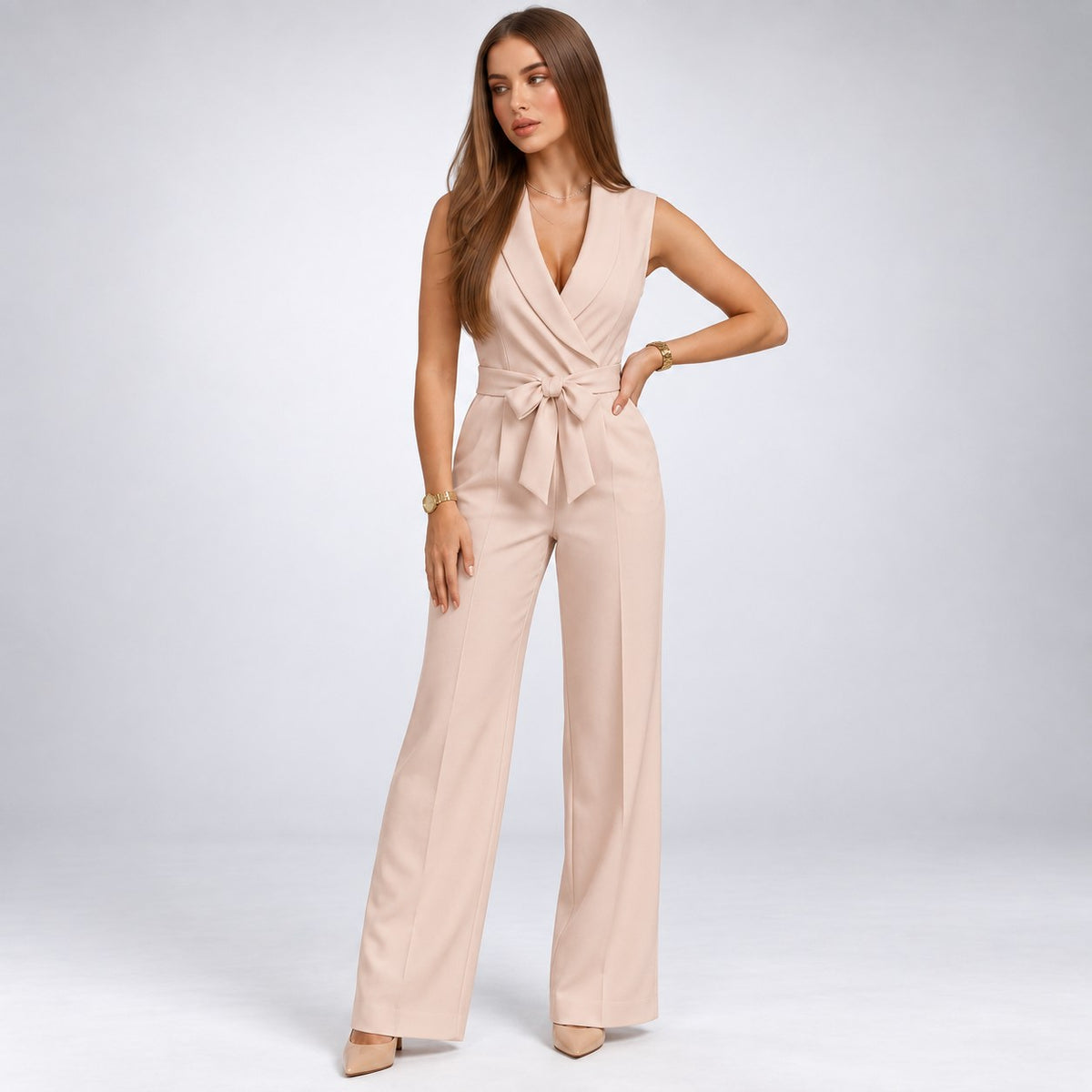 Jumpsuit Dame Slå-om med V-hals, Bindebånd og Brede Ben 5