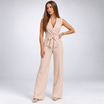 Jumpsuit Dame Slå-om med V-hals, Bindebånd og Brede Ben 5