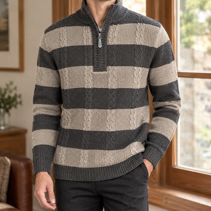 Sweater Herre, Stribet Kabelstrik med Halv Lynlås 2