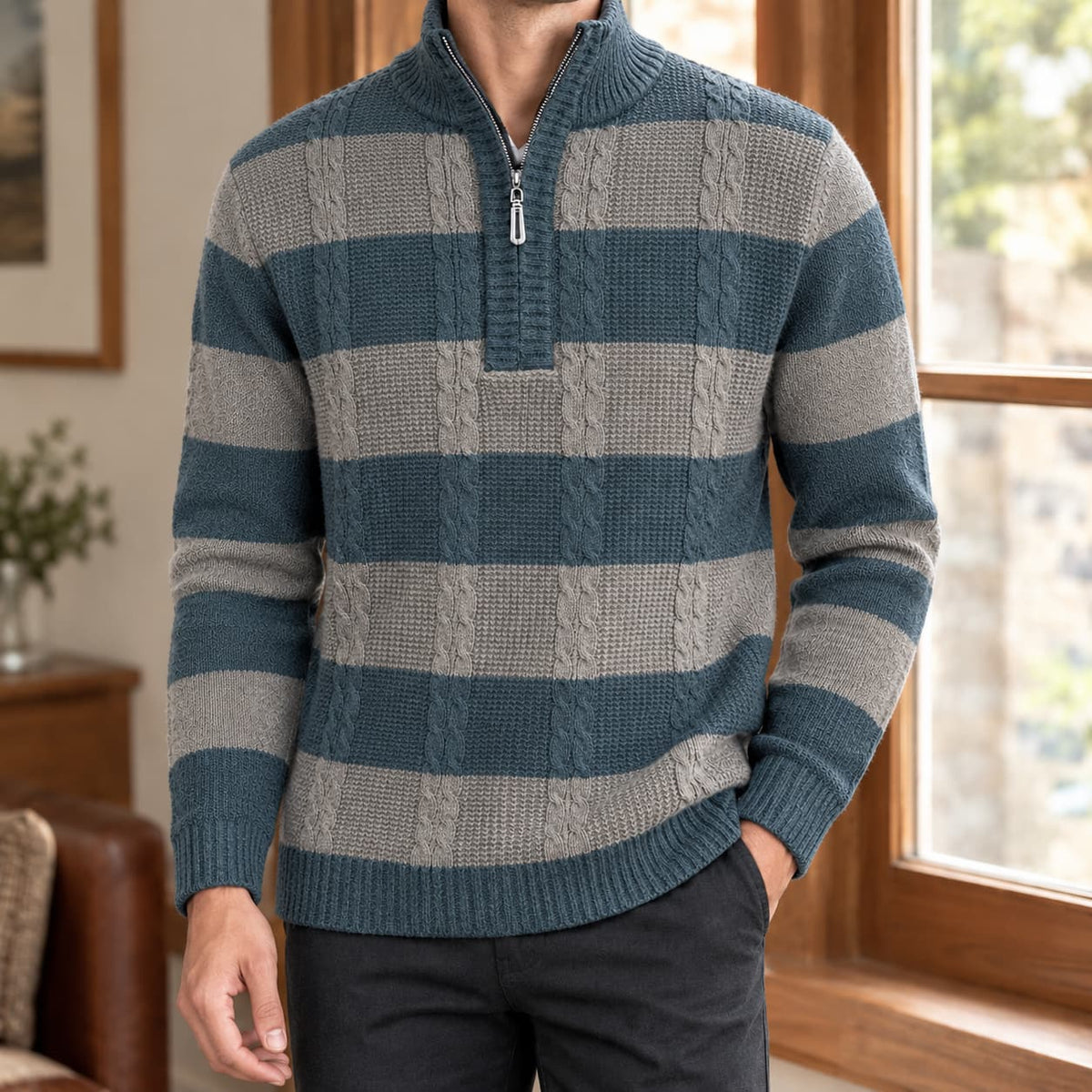 Sweater Herre, Stribet Kabelstrik med Halv Lynlås 3