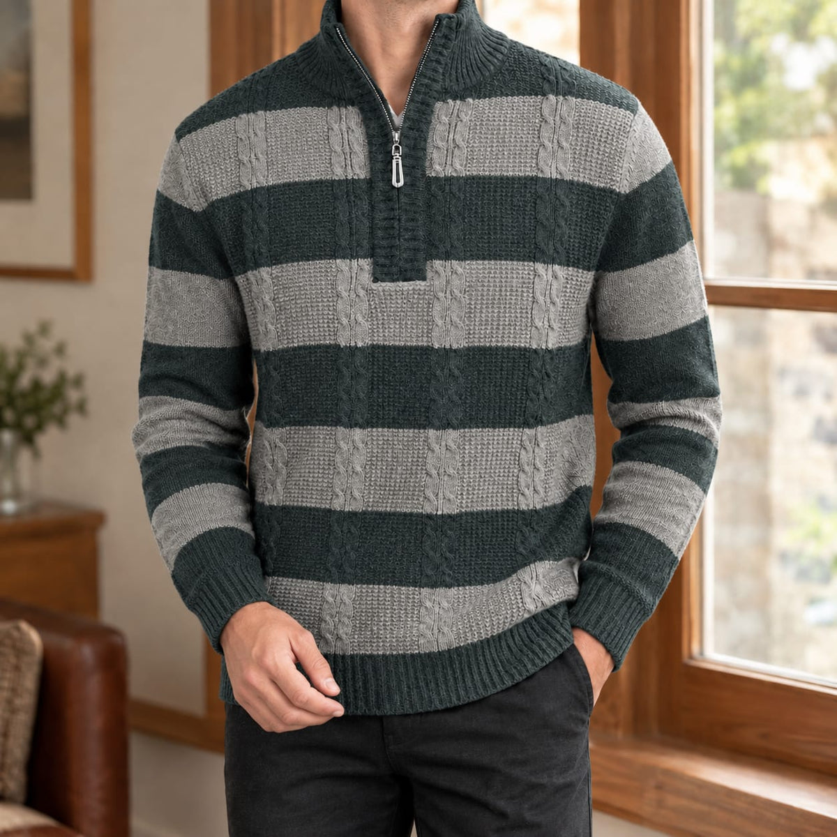 Sweater Herre, Stribet Kabelstrik med Halv Lynlås 4