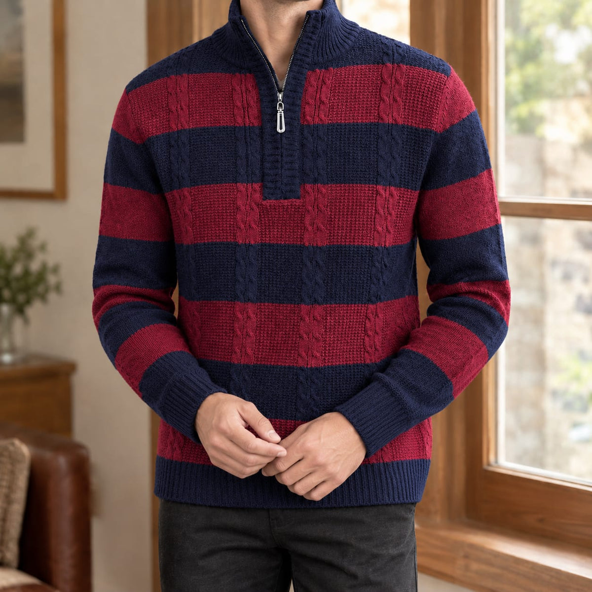 Sweater Herre, Stribet Kabelstrik med Halv Lynlås 5
