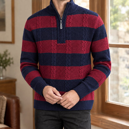 Sweater Herre, Stribet Kabelstrik med Halv Lynlås 5