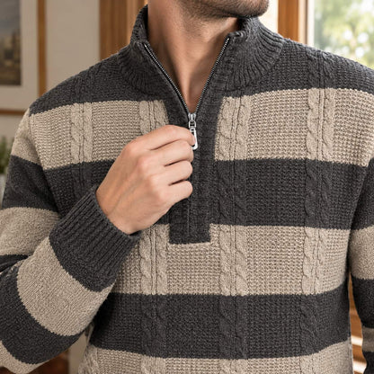 Sweater Herre, Stribet Kabelstrik med Halv Lynlås 6