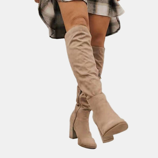 Tall Boots, Hoge Overknee Laarzen Dames met Blokhak en Rits aan de Zijkant