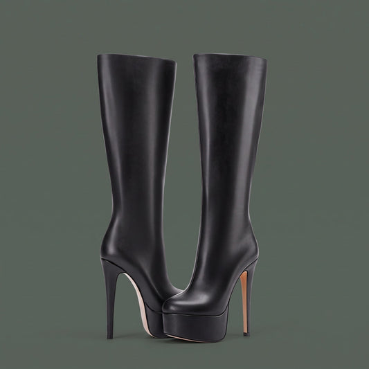 Tall Boots, Høje Plateaustøvler Dame med Stilethæl i Glat Læderlook