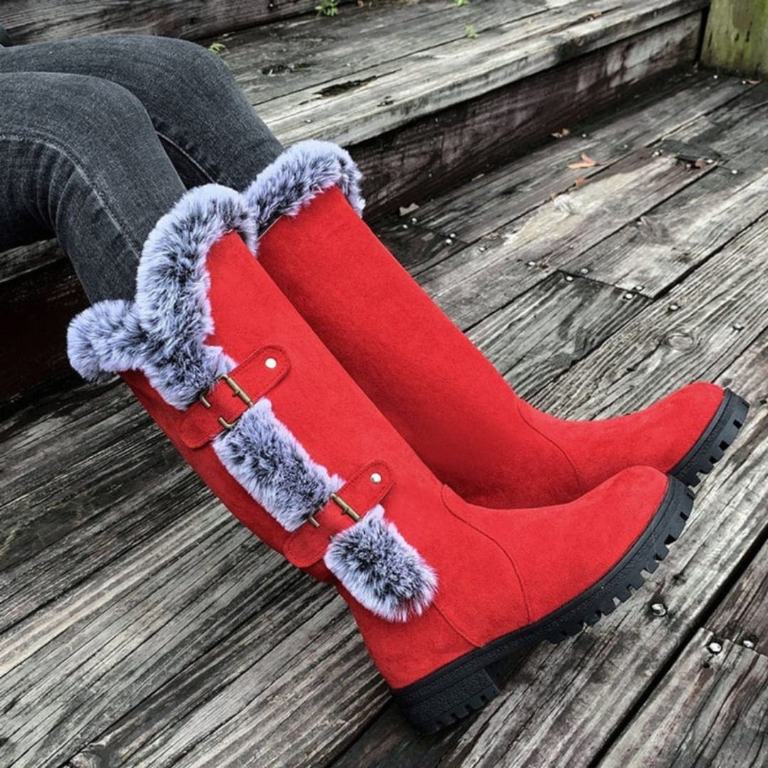 Tall Boots, Høje Vinterstøvler Dame med Spænder og Kunstpels 3