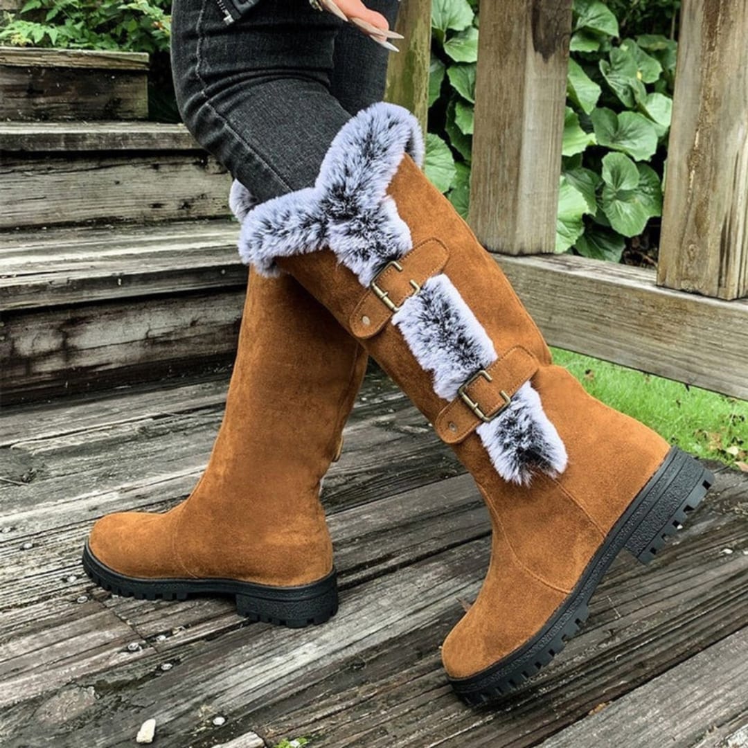 Tall Boots, Høje Vinterstøvler Dame med Spænder og Kunstpels 4