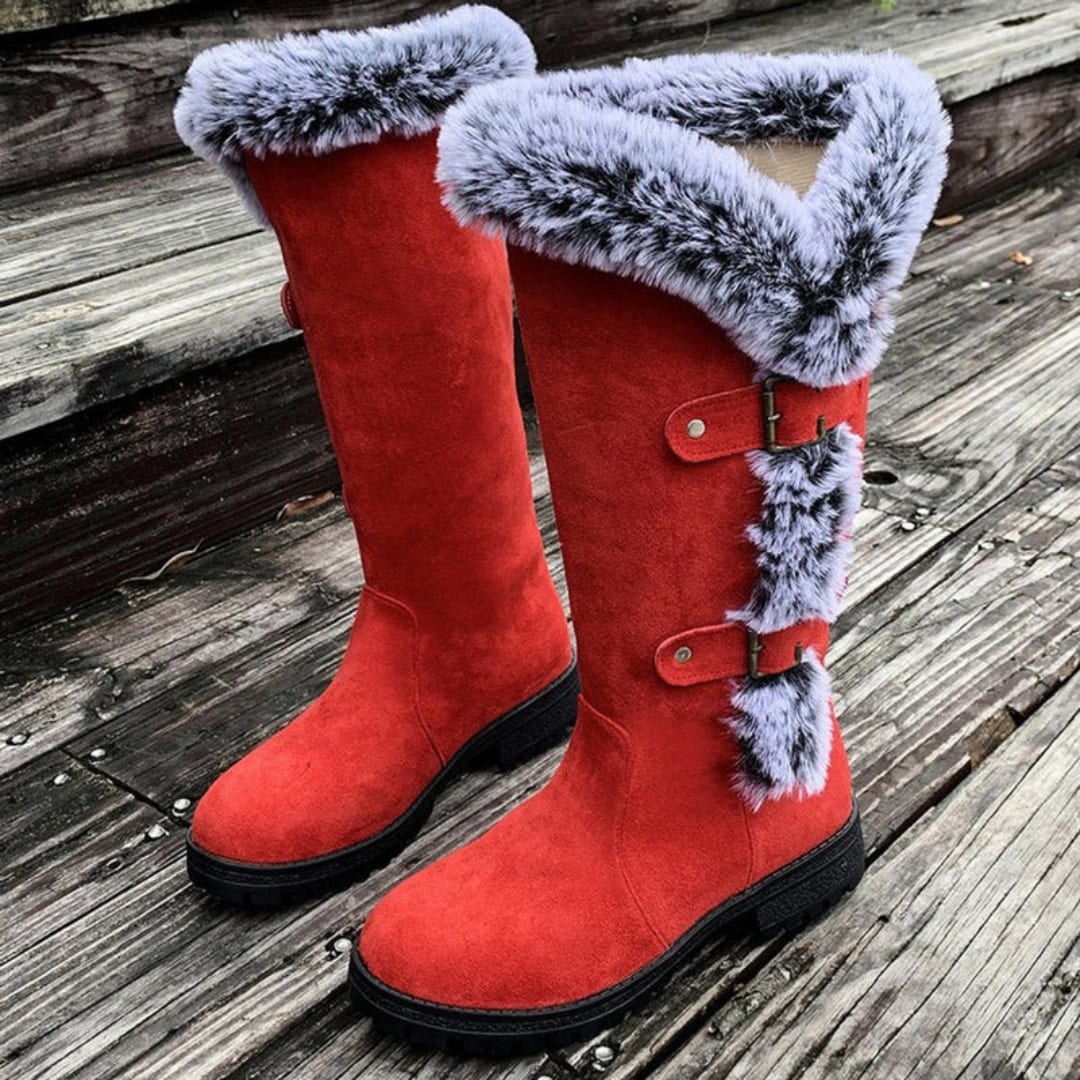 Tall Boots, Høje Vinterstøvler Dame med Spænder og Kunstpels 5
