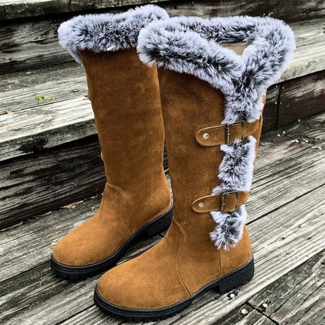 Tall Boots, Høje Vinterstøvler Dame med Spænder og Kunstpels 6