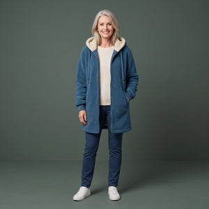 Uldjakke Dame i Uldlook, Lang Wool Jacket med Hætte, Teddyfleece og Lynlås