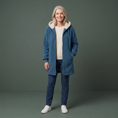 Uldjakke Dame, Lang Wool Jacket i Uldlook med Hætte 1
