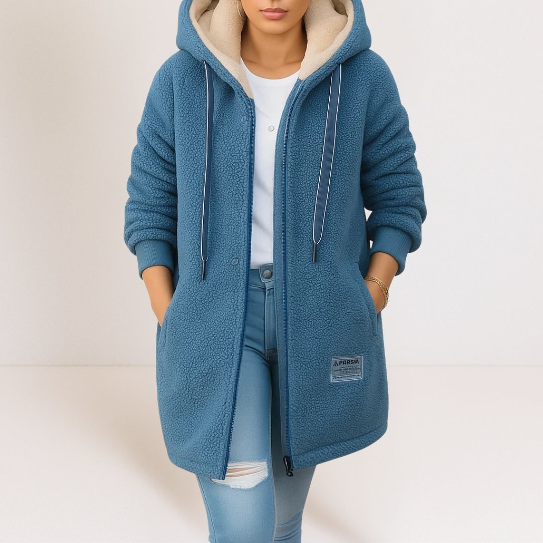 Uldjakke Dame, Lang Wool Jacket i Uldlook med Hætte 2
