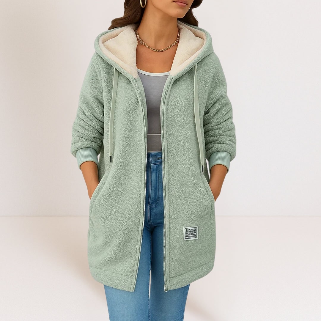 Uldjakke Dame, Lang Wool Jacket i Uldlook med Hætte 3