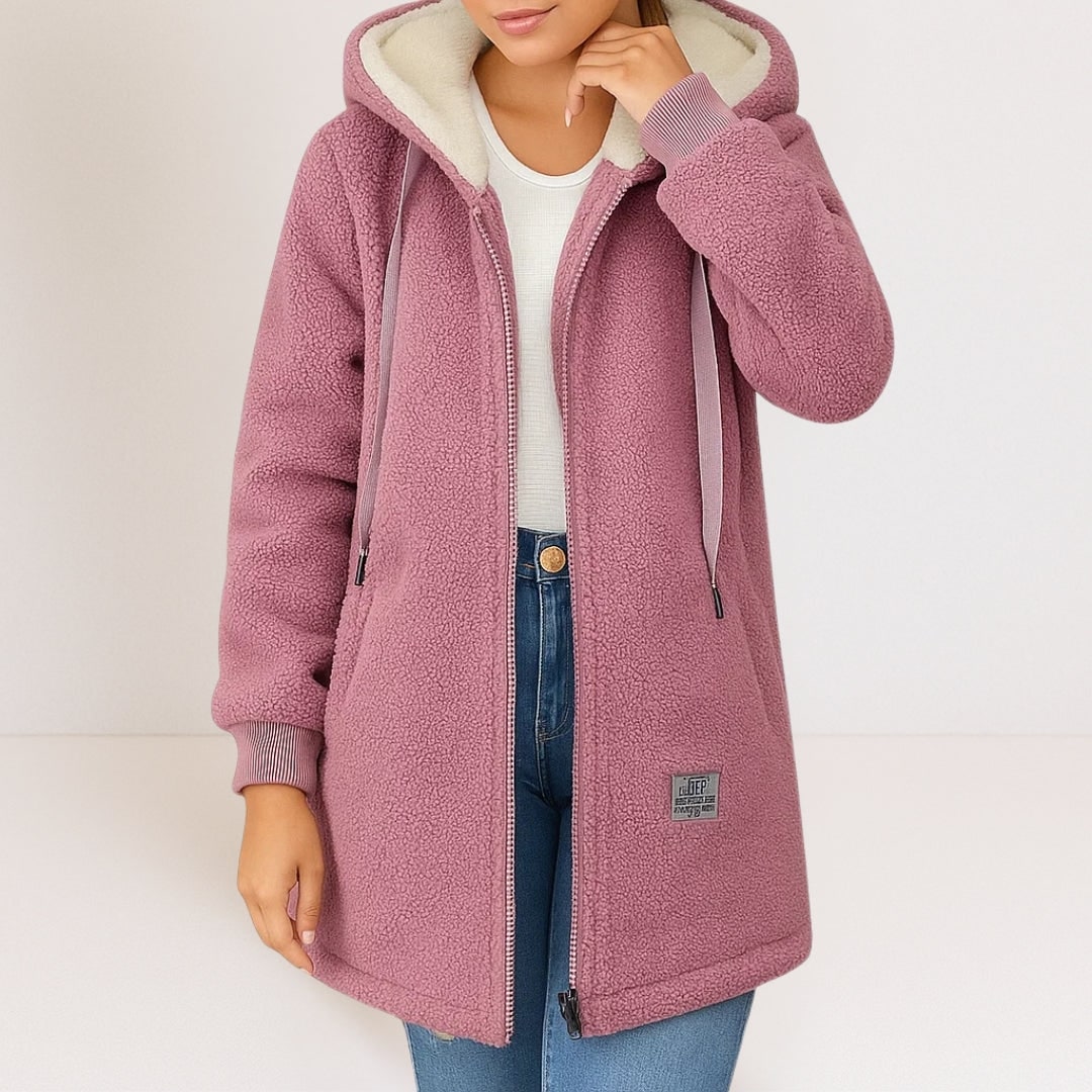 Uldjakke Dame, Lang Wool Jacket i Uldlook med Hætte 4