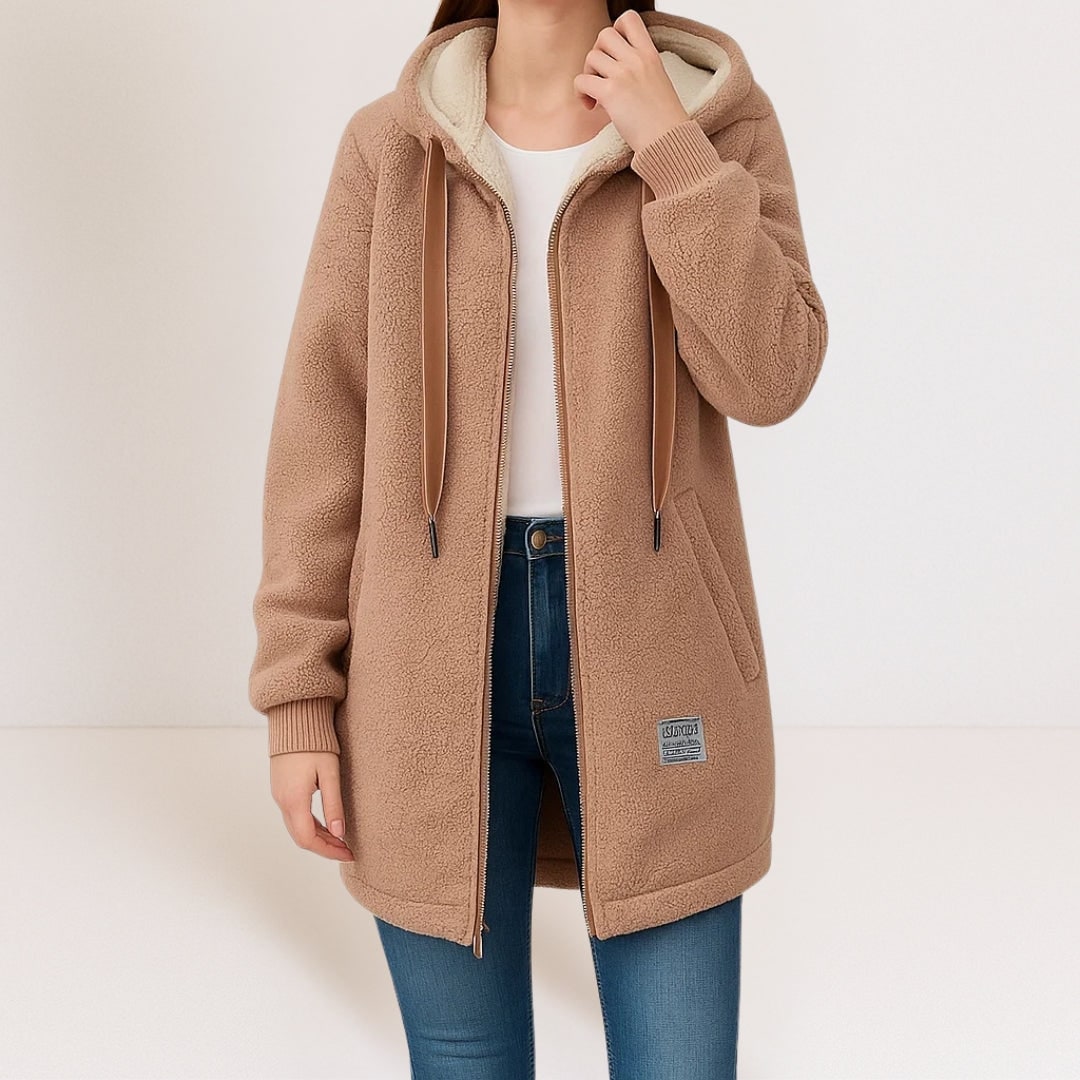 Uldjakke Dame, Lang Wool Jacket i Uldlook med Hætte 5