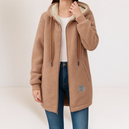 Uldjakke Dame, Lang Wool Jacket i Uldlook med Hætte 5