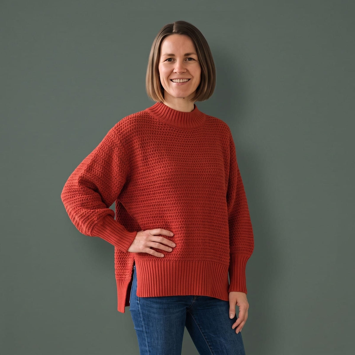 Sweater Uldtrøje Dame, Grovstrikket med Høj Krave og Slids 1