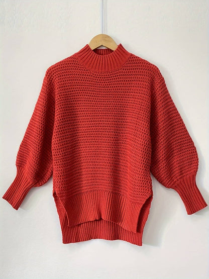 Sweater Uldtrøje Dame, Grovstrikket med Høj Krave og Slids 4
