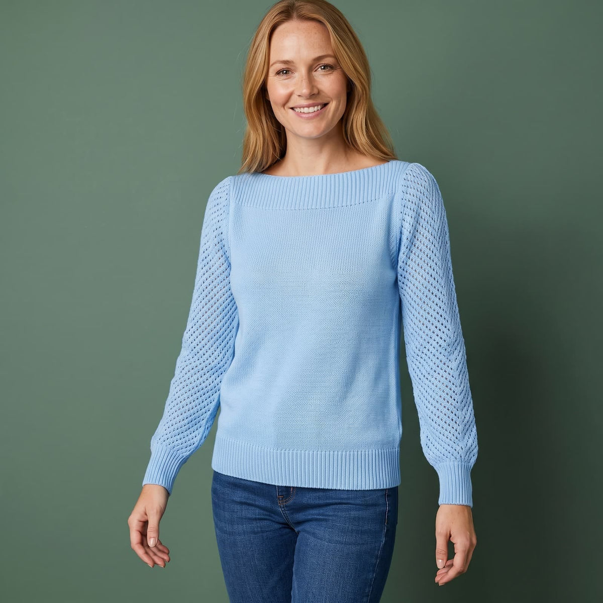 Sweater Uldtrøje Dame med Bådhals og Hulmønstrede Ærmer 1