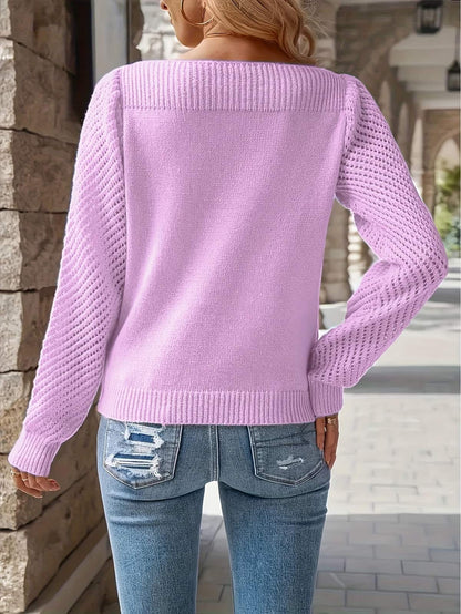 Sweater Uldtrøje Dame med Bådhals og Hulmønstrede Ærmer 9