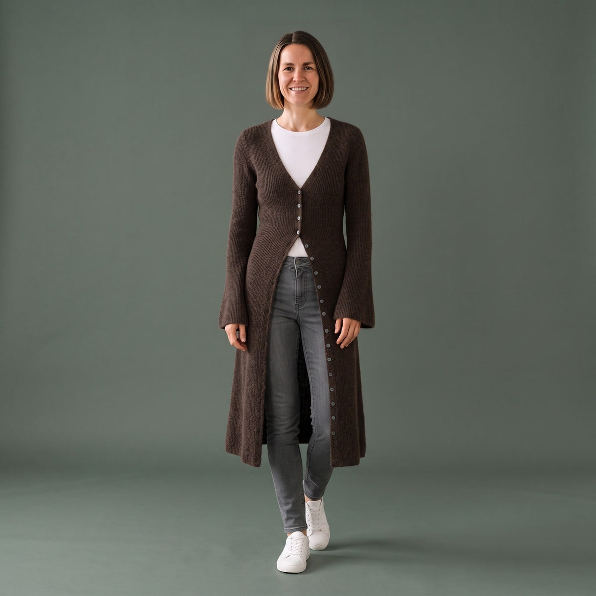 V Neck Sweater, Lang Strikket Cardigan Dame med Knapper 1