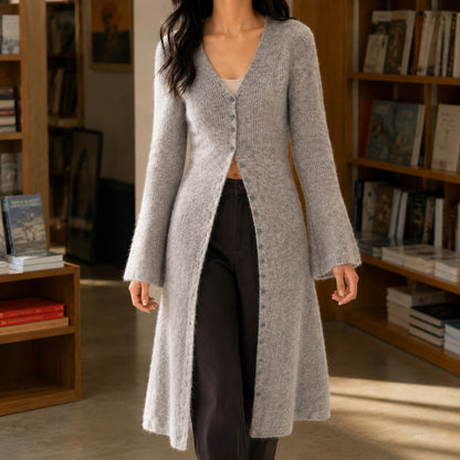V Neck Sweater, Lang Strikket Cardigan Dame med Knapper 4