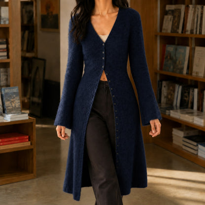 V Neck Sweater, Lang Strikket Cardigan Dame med Knapper 6