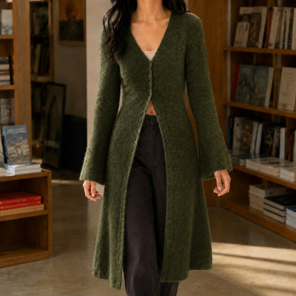 V Neck Sweater, Lang Strikket Cardigan Dame med Knapper 7