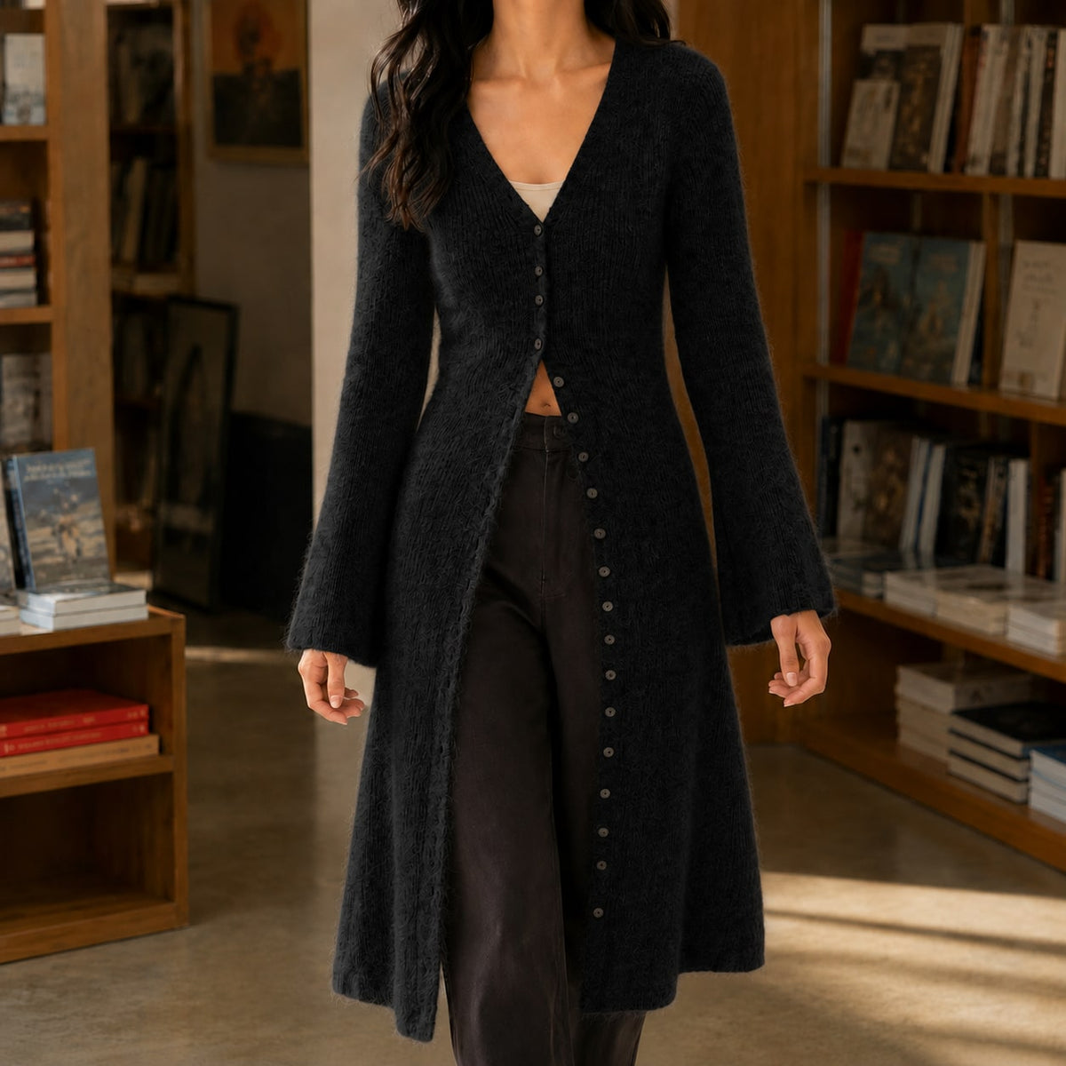 V Neck Sweater, Lang Strikket Cardigan Dame med Knapper 8