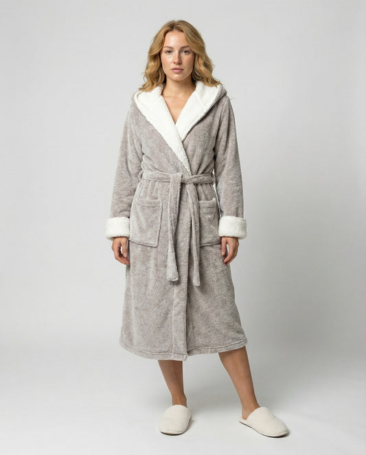 Warme Fleece Ochtendjas voor Dames met Capuchon, Zakken en Strikceintuur