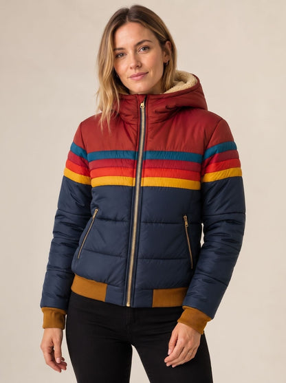 Waterdichte Gewatteerde Damesjas met Capuchon, Retro Colorblock Strepen 1