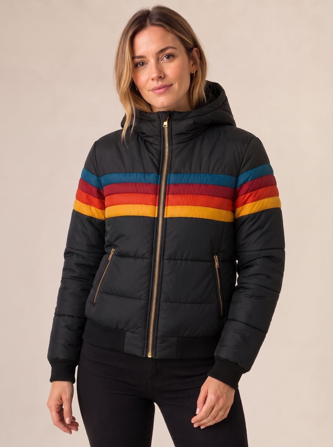 Waterdichte Gewatteerde Damesjas met Capuchon, Retro Colorblock Strepen 3