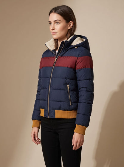 Waterdichte Gewatteerde Damesjas met Capuchon, Retro Colorblock Strepen 4