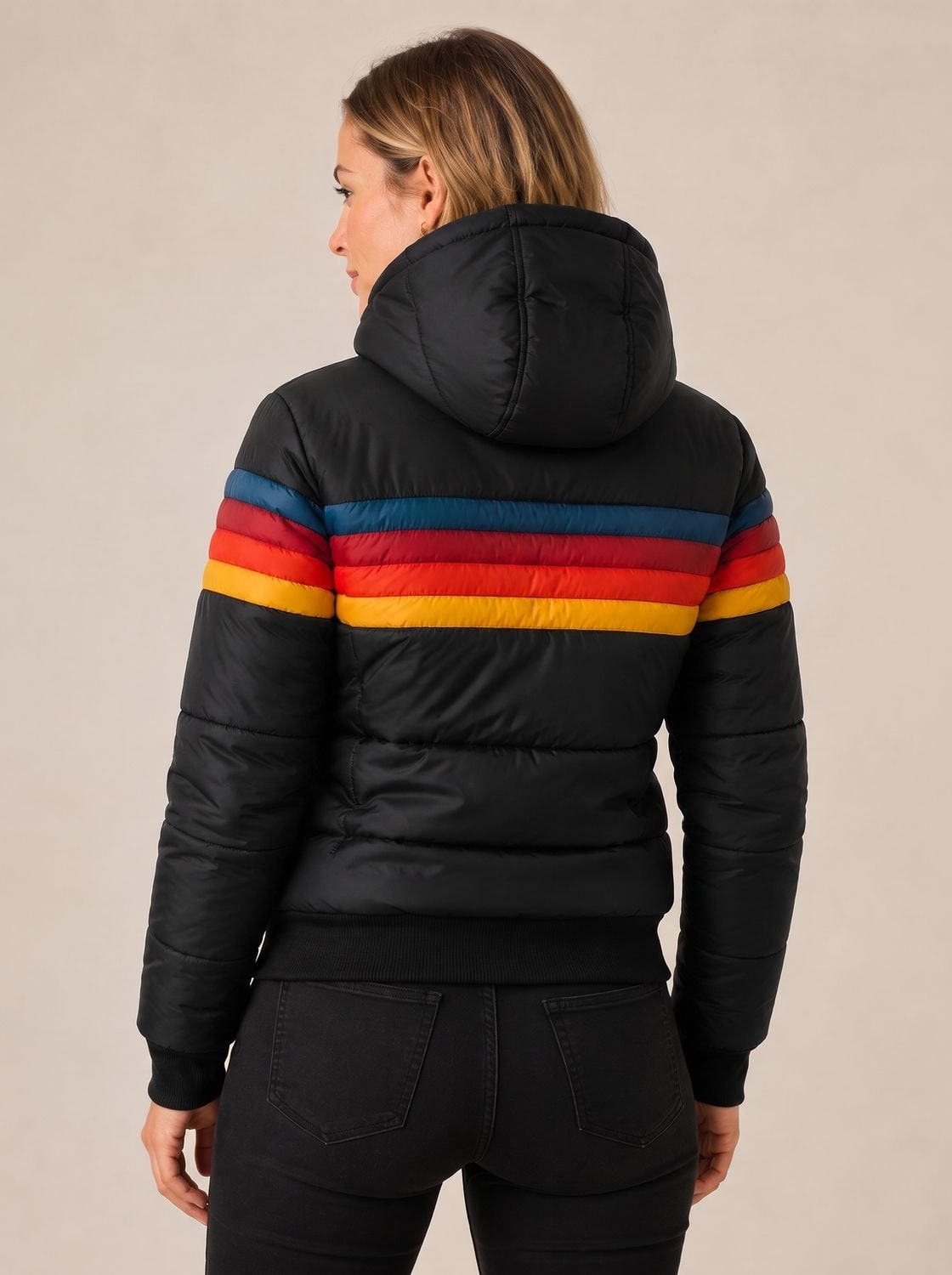 Waterdichte Gewatteerde Damesjas met Capuchon, Retro Colorblock Strepen 5
