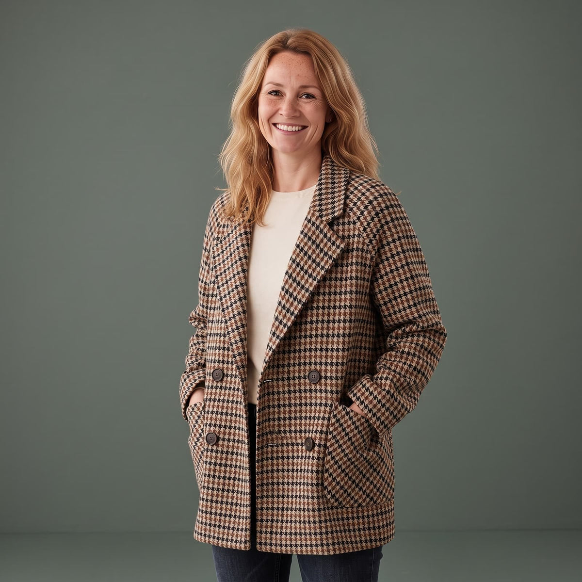 Wool Coat, Uldfrakke Dame i Uldlook med Hanefodsmønster 1