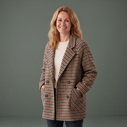 Wool Coat, Uldfrakke Dame i Uldlook med Hanefodsmønster 1