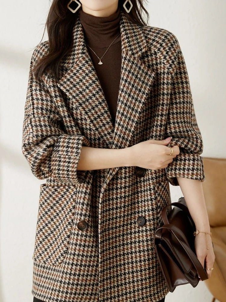 Wool Coat, Uldfrakke Dame i Uldlook med Hanefodsmønster 2