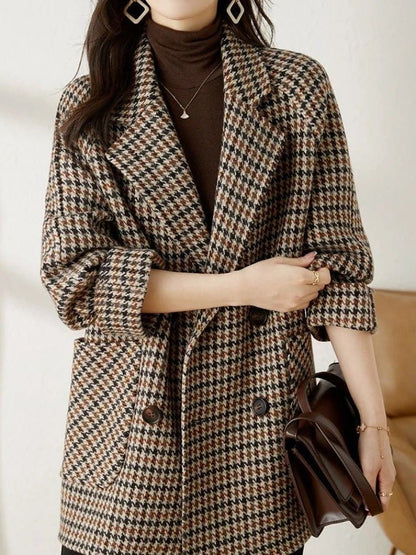 Wool Coat, Uldfrakke Dame i Uldlook med Hanefodsmønster 2