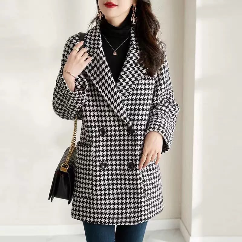 Wool Coat, Uldfrakke Dame i Uldlook med Hanefodsmønster 3