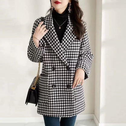 Wool Coat, Uldfrakke Dame i Uldlook med Hanefodsmønster 3