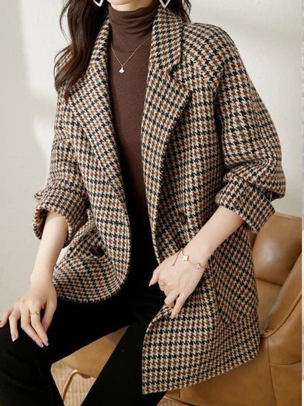 Wool Coat, Uldfrakke Dame i Uldlook med Hanefodsmønster 4
