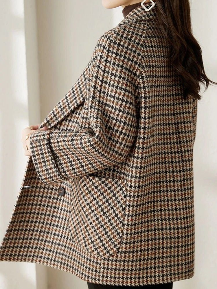 Wool Coat, Uldfrakke Dame i Uldlook med Hanefodsmønster 5
