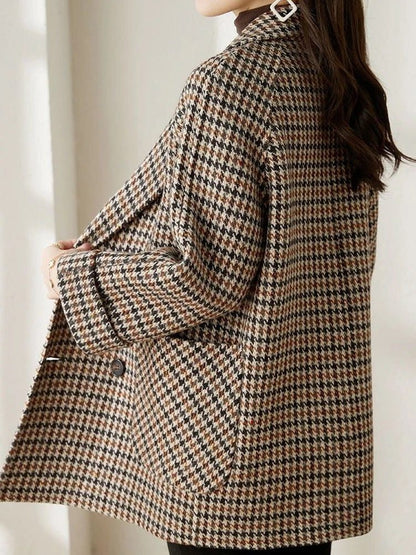 Wool Coat, Uldfrakke Dame i Uldlook med Hanefodsmønster 5