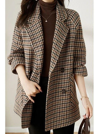Wool Coat, Uldfrakke Dame i Uldlook med Hanefodsmønster 6