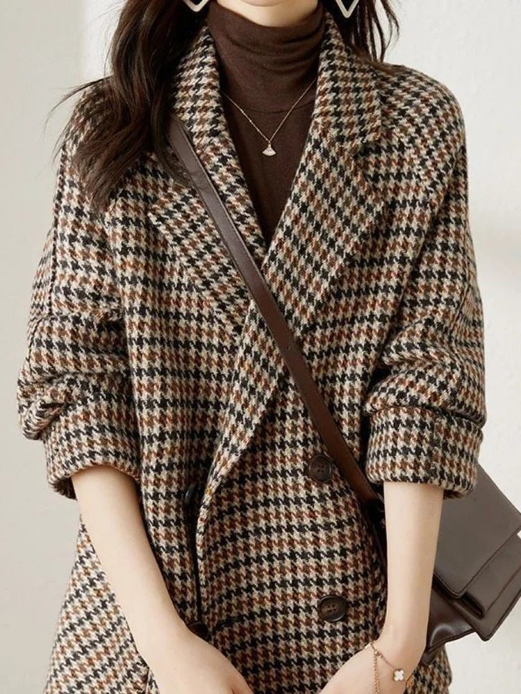 Wool Coat, Uldfrakke Dame i Uldlook med Hanefodsmønster 7