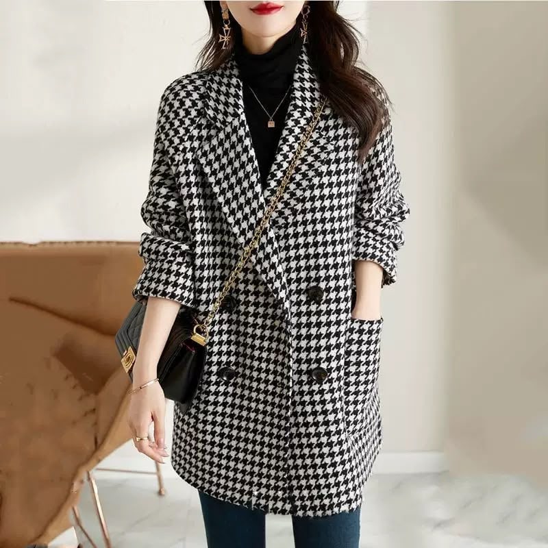 Wool Coat, Uldfrakke Dame i Uldlook med Hanefodsmønster 8